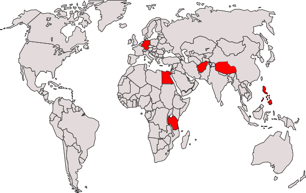 Weltkarte mit den Projektregionen Deutschland, Ägypten, Afghanistan, Tibet, Philippinen und Tansania